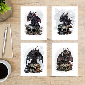 Jeu de cartes postales magnifiquement foncé dragons noirs | 4 cartes postales | Papier cartonné épais 130 | Pour la poste, l'échange de cartes postales et l'envoi de cartes postales