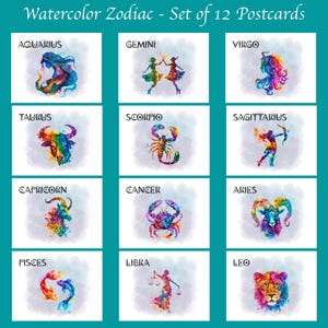 Watercolor Zodiac 12 Pack Postcards or notecards | 12 Postcards or notecards | Thick Cardstock | Zodiac Birthday Collection Set