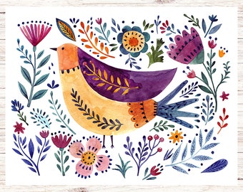 Bird and Flowers Postcard | 1 Postcard | Thick Cardstock | For sending a postcard to a friend
