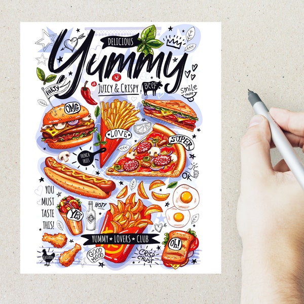 Yummy Junk Food Postcard | 1 Postcard | Colorful images of pizza, french fries, burger, sandwich, hot dog, wrap, fried chicken, and more!