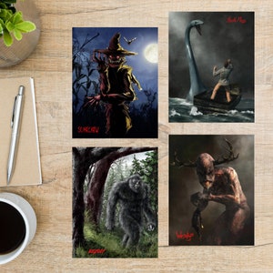 Ensemble de cartes postales de créature des cryptides... Folklore légendaire | 4 cartes postales | Papier cartonné épais 130 |