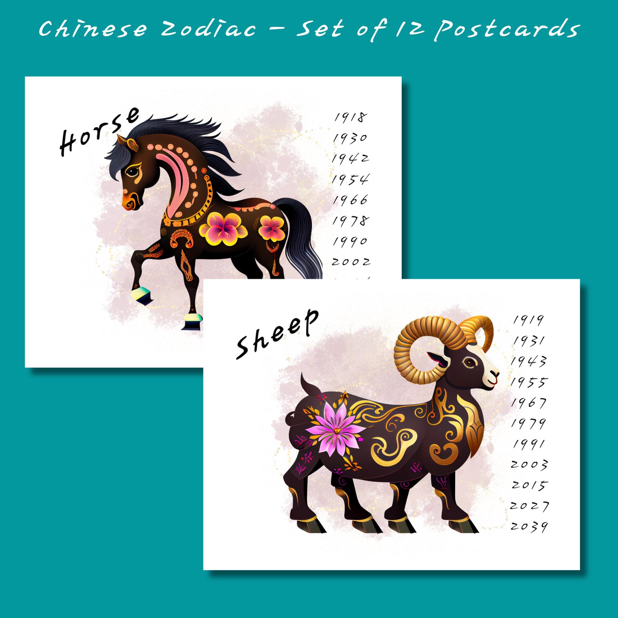 Chinese Zodiac 12 Pack Postcards or Notecards | 12 Postcards or