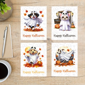 Conjunto de cartões postais fofos de cães fantasmas de Halloween | 4 cartões postais | Papel cartão grosso | Para trocas de cartões postais e envio de bilhetes para amigos.