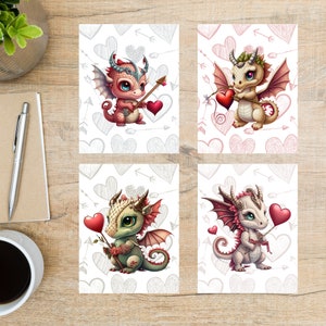 Valentinstag Drachen Postkarten Set | 4 Postkarten | Dicker Karton | Zum Versenden einer Postkarte an einen Freund