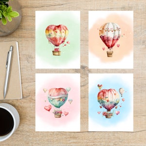 Valentinstag Heißluftballons Postkarten Set | 4 Postkarten | Dicker Karton | Zum Versenden einer Postkarte an einen Freund