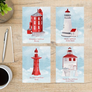 Jeu de cartes postales 3 phares du monde | 4 cartes postales | Papier cartonné épais 130 | Kjeungskjaer, Norvège, Heceta, États-Unis, île de Jeju, Corée