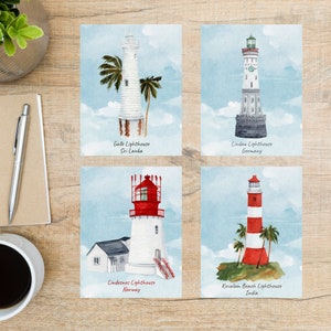 1 jeu de cartes postales Phares du monde | 4 cartes postales | Papier cartonné épais 130 | Galle, Sri Lanka, Lindau, Allemagne, Lindesnes, Norvège, plage de Kovalam, Inde