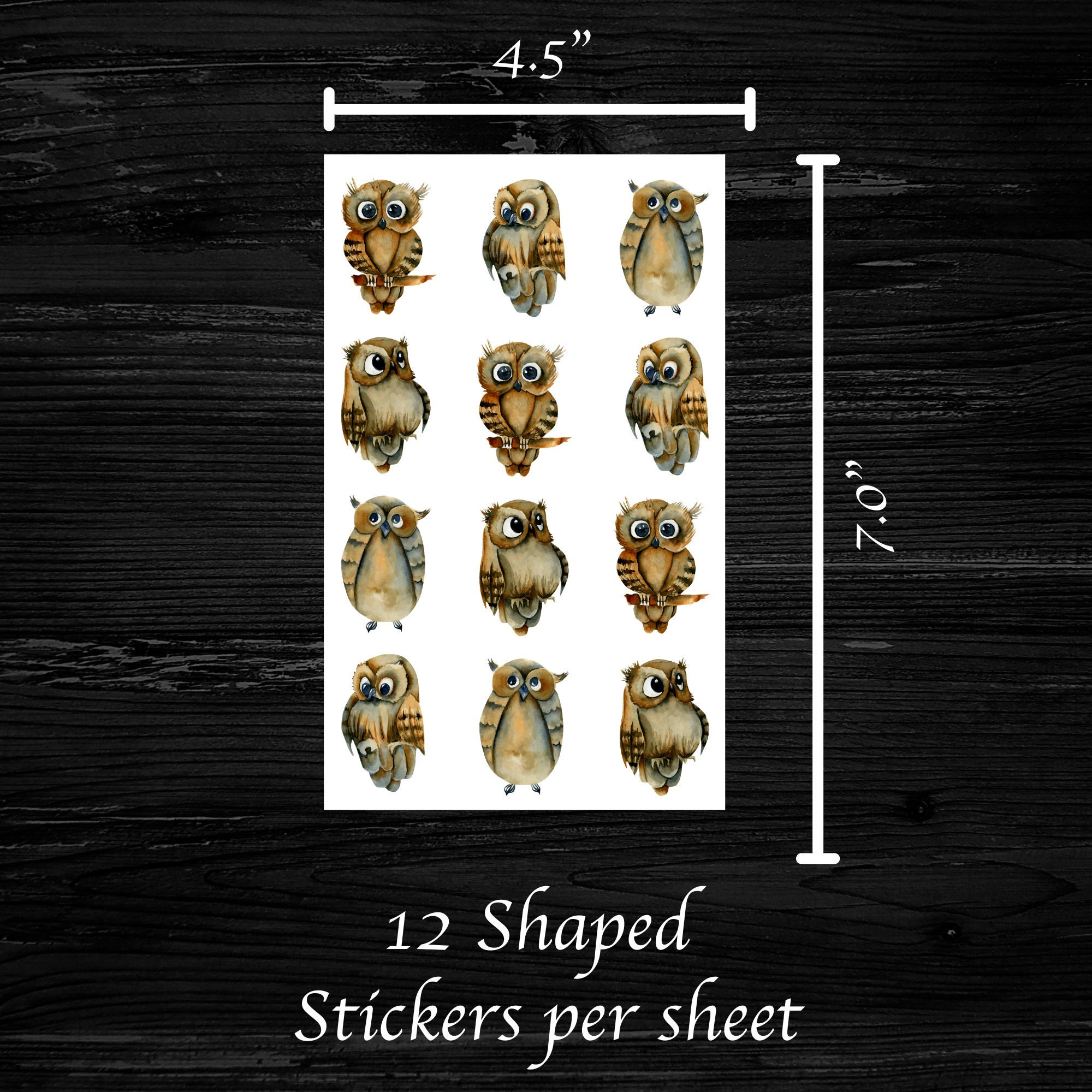 Watercolor Owls Sticker Sheet - Sheet measures 3.25" X 4.50" - Each sticker is about 1.00&