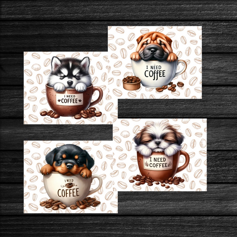 Coffee Dogs 1 Postcard Set 4 Postcards or Notecards 130 Thick Cardstock