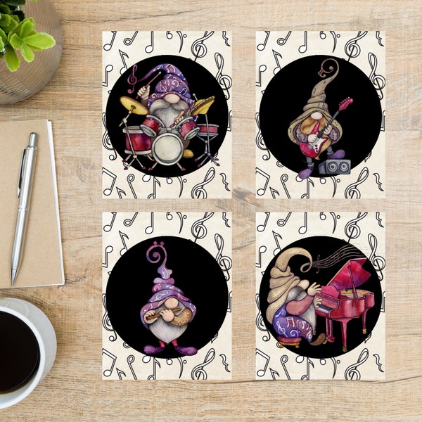 Music Gnomes Postcard Set | 4 Postcards | 130 Thick Cardstock | gnome, drums, guitar, electric guitar, musical, piano, flute, woodwind, band