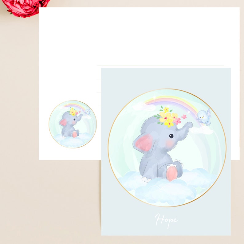 Rainbow Elephant Greeting Card Blank inside Comes with 6 cards and matching envelopes 4.25 inches wide by 5.50 inches tall
