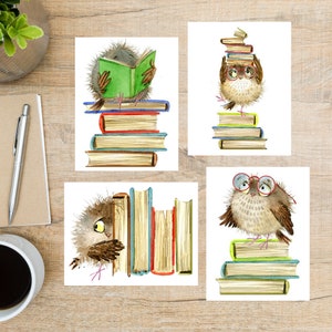 Watercolor Owl Book Postcard Set | 4 Postcards | 130 Thick Cardstock | For sending a postcard to a friend, family member