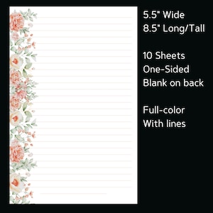 Juego de papelería Peach Roses / 10 hojas y 5 sobres / 8,5 X 5,5 hojas + sobres a juego / Para escribir cartas y notas