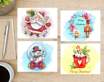 Colorful Christmas Postcard Set | 4 Postcards | 130 Thick Cardstock | snowman, nutcracker, santa, snow globe, hot coco, candy cane, presents