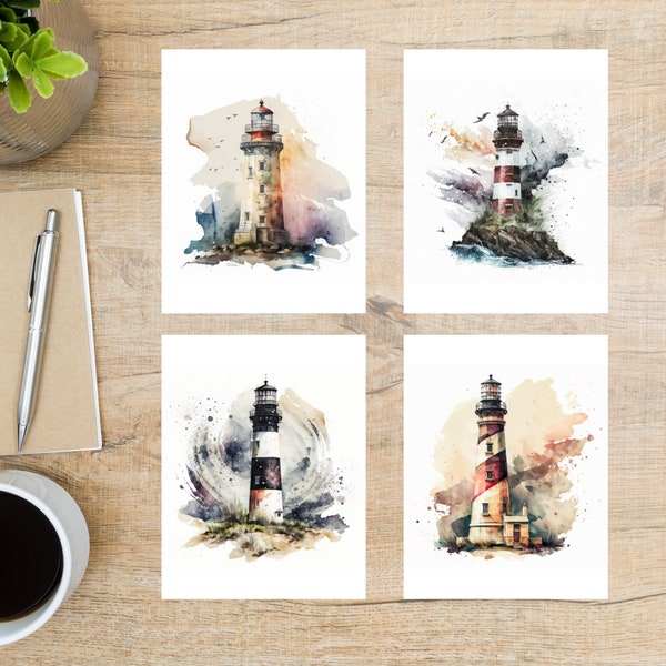 Watercolor Lighthouses Postcard Set | 4 Postcards | 130 Thick Cardstock | For sending a postcard to a friend, family member