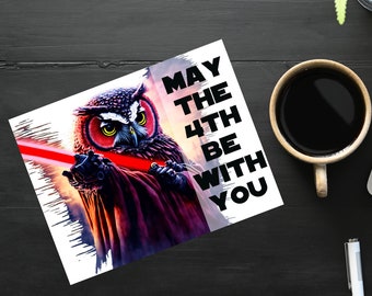 May the 4th Be With You - Owl - Red Light Saber | 1 Postcard | Thick Cardstock | For sending a postcard to a friend