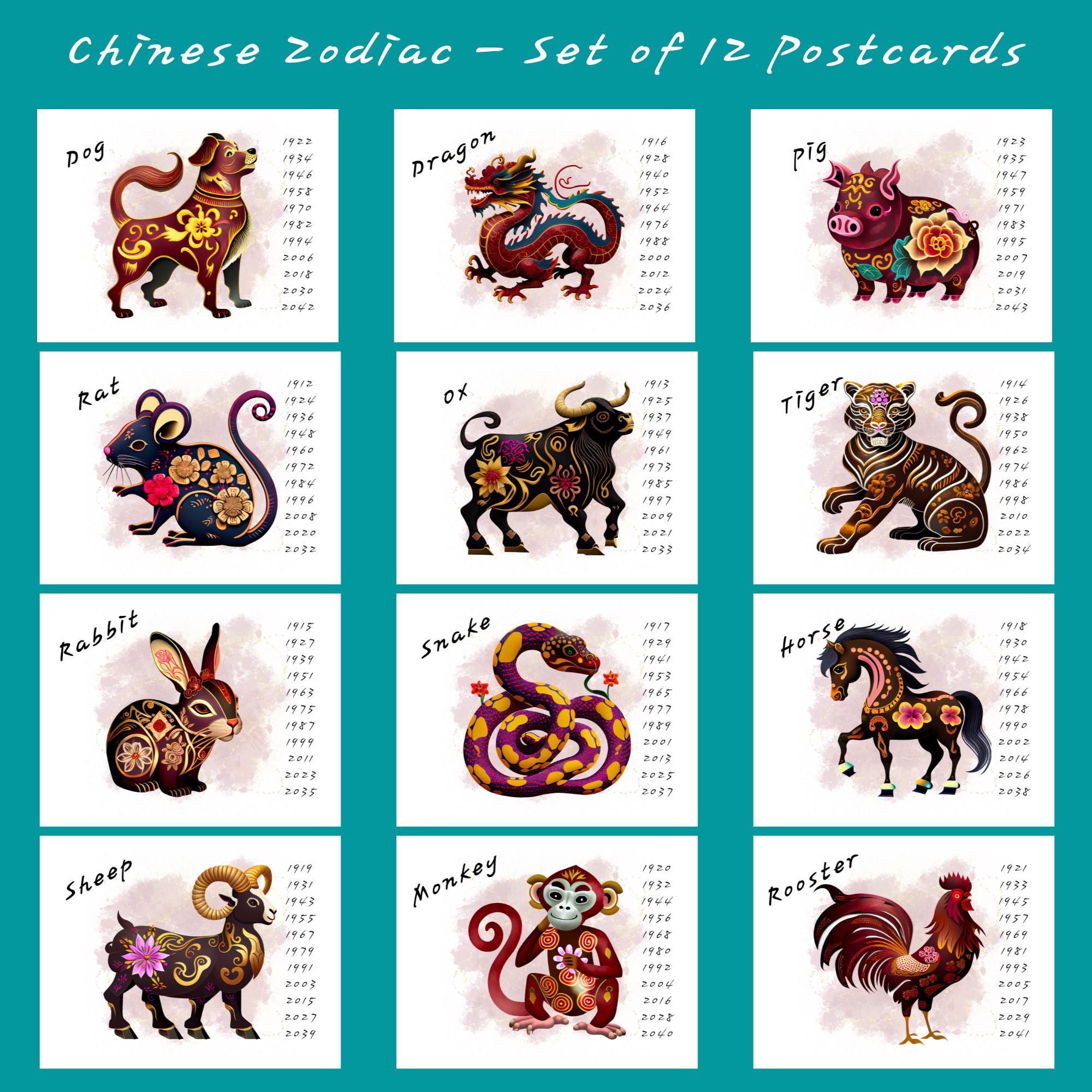 Chinese Zodiac 12 Pack Postcards or Notecards | 12 Postcards or