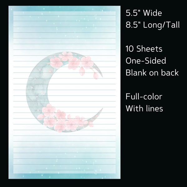 Teal Moon Stationery Set | 10 Sheets & 5 Envelopes | 8.5 X 5.5 Sheets + Matching Envelopes | For writing letters and notes