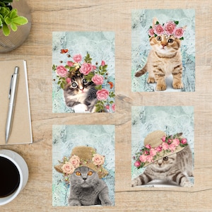 Cats and Flowers Postcard Set | 4 Postcards | 130 Thick Cardstock | For sending a postcard to a friend, family member