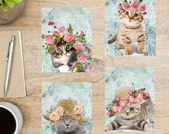 Set di cartoline Gatti e fiori / 4 cartoline / Cartoncino spesso 130 / Per inviare una cartolina a un amico, un familiare