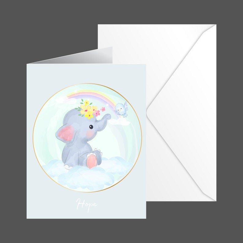 Rainbow Elephant Greeting Card Blank inside Comes with 6 cards and matching envelopes 4.25 inches wide by 5.50 inches tall