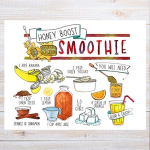 Carte postale recette Smoothie boost au miel | 1 carte postale | Papier cartonné épais | Pour envoyer une carte postale à un ami