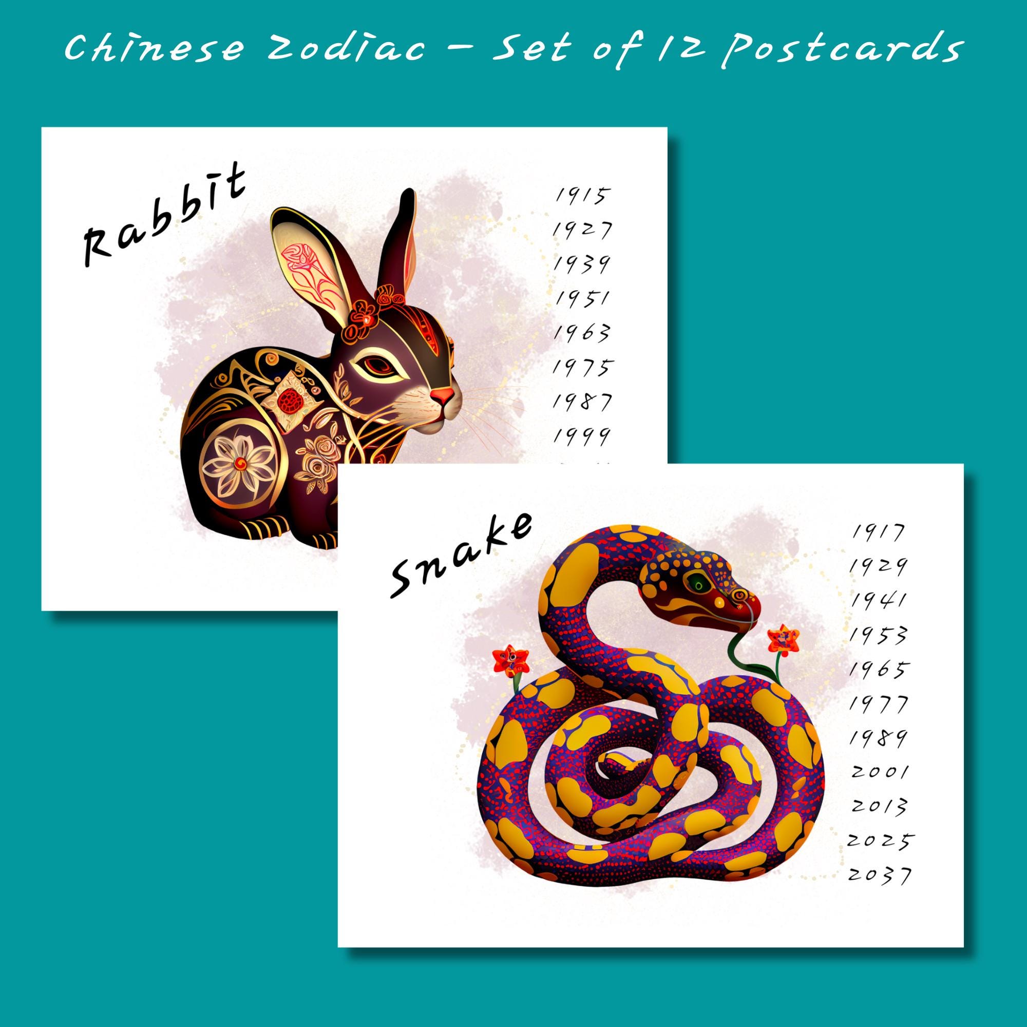 Chinese Zodiac 12 Pack Postcards or Notecards | 12 Postcards or