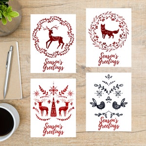 Nordic Christmas 2 Postkarten Set | 4 Postkarten | 130 dicker Karton - Rentier, Hirsch, Vogel, Fuchs, Skandinavisch, Scandi Design