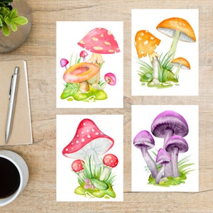 Conjunto de cartões postais de cogumelo em aquarela | 4 cartões postais | Cartão grosso 130 | Para POSTCROSSING ou para enviar um cartão postal a um amigo