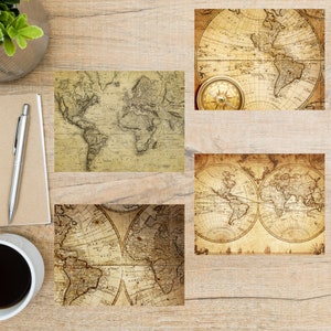 Jeu de cartes postales de cartes anciennes | 4 cartes postales | Papier cartonné épais 130 | coins carrés | Cartes du monde après la traversée par courrier postal