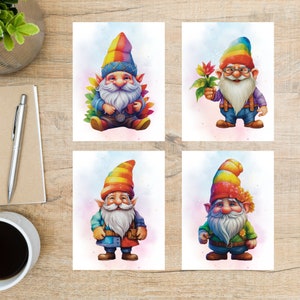 Conjunto de cartões postais Rainbow Pride Gnomes | 4 cartões postais | celebração colorida de gnomos arco-íris LGBTQ plus