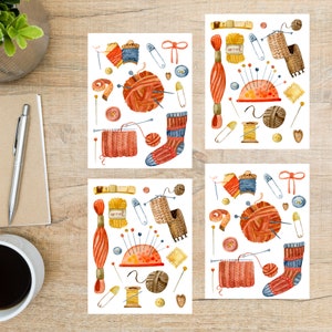 Watercolor Knitting Postcard Set | 4 Postcards | 130 Thick Cardstock | For sending a postcard to a friend, family member