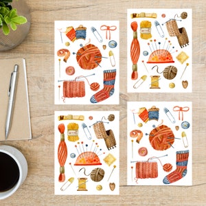 Aquarell Strickpostkarten Set | 4 Postkarten | 130 Dicker Karton | Zum Versenden einer Postkarte an einen Freund, Familienmitglied