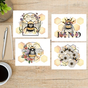 Set de cartes postales abeilles et fleurs | 4 cartes postales | Papier cartonné épais 130 | Échanges de cartes postales | Cartes postales uniques | Belles cartes postales