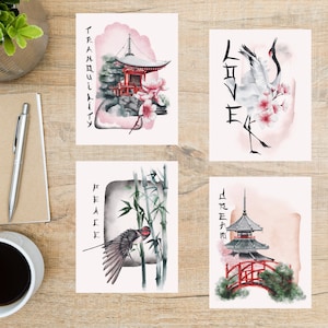 Japanisch inspiriertes Postkarte oder Notecard Set | 4 Postkarten oder Grußkarten | 130 Dicker Karton | Für das Senden einer Notiz an einen Freund, Familienmitglied
