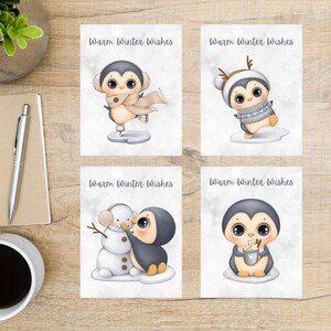 Winter Pinguine Postkarten Set | 4 Postkarten | 130 Dicker Karton | schneeflocken pinguin vogel winter schlittschuh kakao kaffee warm winter wünscht