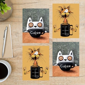 Coffee Cats Postkarten Set | 4 Postkarten | 130 Dicker Karton | Zum Versenden von POSTCROSSING oder einer Postkarte an einen Freund, Familienmitglied