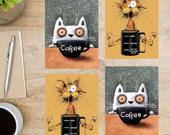 Coffee Cats Postcard Set | 4 Postcards | 130 Thick Cardstock | For sending POSTCROSSING or a postcard to a friend, family member