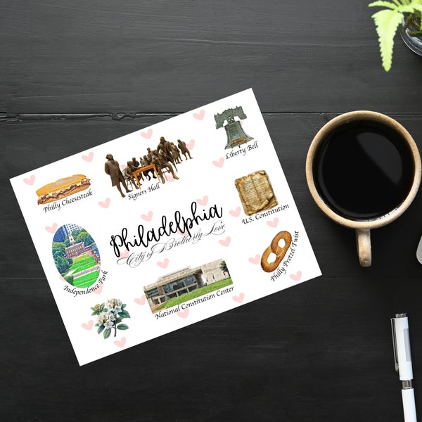 Philadelphia Themes and Landmarks Postcard | 1 Postcard or notecard | Thick Cardstock | For sending a postcard to a friend