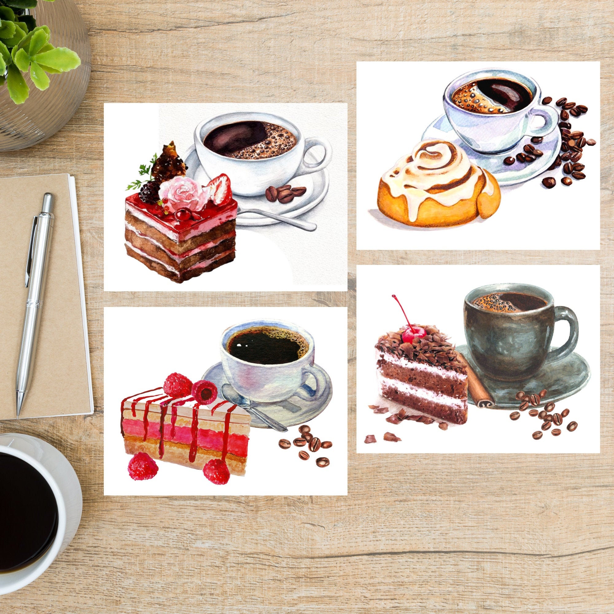 Coffee and Dessert Postcard Set - So Cute | 4 Postcards | 130 Thick Cardstock | For sending a postcard to a friend, family member