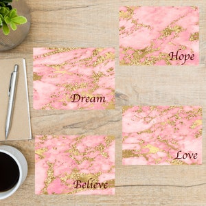 Cartões postais inspiradores dourados e rosa | Conjunto de 4 | cores lindas | Capacidade de personalizar | mármore motivacional gentileza amor