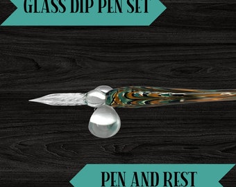 Clear with Teal, Orange, and Black Designs Glass Dip Pen | writing drawing art calligraphy ink fountain best nib handmade quill crystal