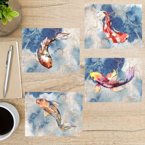 Aquarell Fisch Postkarten | 4er-Set | farbenprächtig schön | Möglichkeit zur Personalisierung | Goldfisch Koi beta Fisch Wasser Fluss See Bach