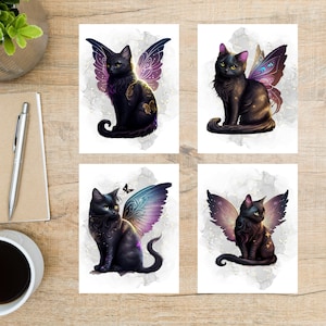 Cartes postales sur le thème anges chat noir | Lot de 4 | belle couleur | vibes gothiques dark beauty minou chaton