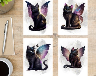 Black Cat Angels Themed Postcards | Set of 4 | full color beautiful | gothic vibes dark beauty kitty kitten