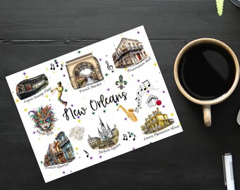 Op de afbeelding: Een kleurrijke illustratie van bezienswaardigheden in New Orleans, waaronder de French Market, Preservation Hall, Jackson Square en Laura Plantation House. De illustratie toont ook een Mardi Gras-masker, een boot voor een Cajun-moeras-tour en een trompet.
