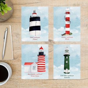 Lot de 4 cartes postales phares du monde | 4 cartes postales | Papier cartonné épais 130 | Môle du Sud, Australie, West Quoddy, États-Unis, Cancun, Mexique