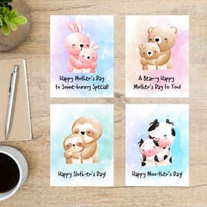 Muttertag Tiere Postkarte | 4er Set Postkarten | Dicker Karton | Faultier Kuh Bär Häschenkaninchen | Ideal für Brieffreundschaften