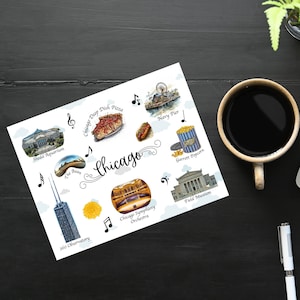 postale de Chicago thèmes et points de repère | 1 carte postale ou carte pour correspondance | Papier cartonné épais | Pour envoyer une carte postale à un ami