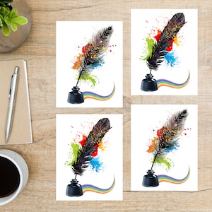 Jeu de cartes postales colorées plumes Dip Pen | 4 cartes postales | Papier cartonné épais 130